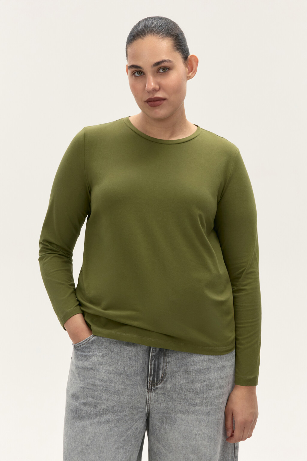 Лонгслив из хлопкового трикотажа - цвет зеленый - 2