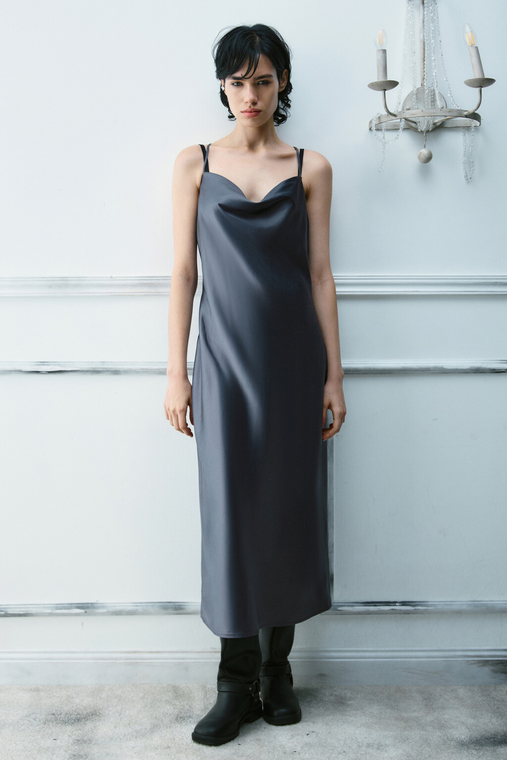 Платье-комбинация миди атласное - цвет серый - 2