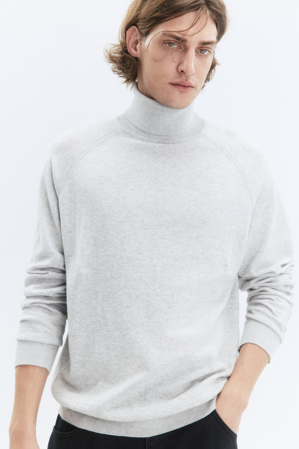 Водолазка вязаная хлопковая с воротником-гольф - цвет серый - 1