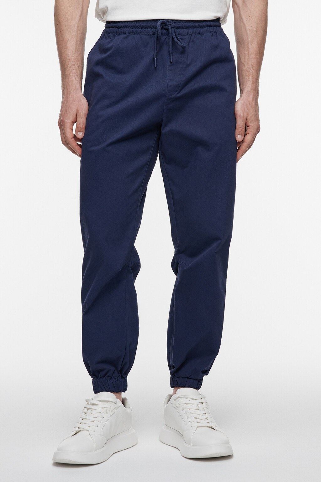 Брюки-джоггеры хлопковые базовые с поясом на завязках - цвет синий - 2