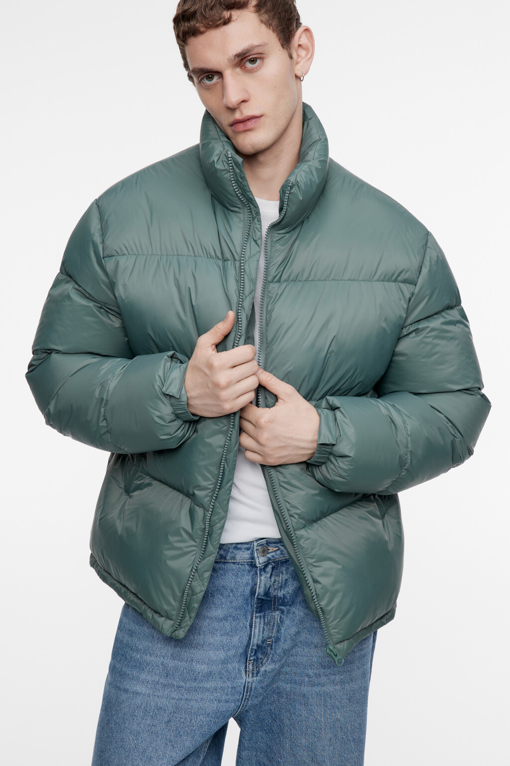 Куртка-пуховик стеганая с воротником-стойкой - цвет зеленый - 1