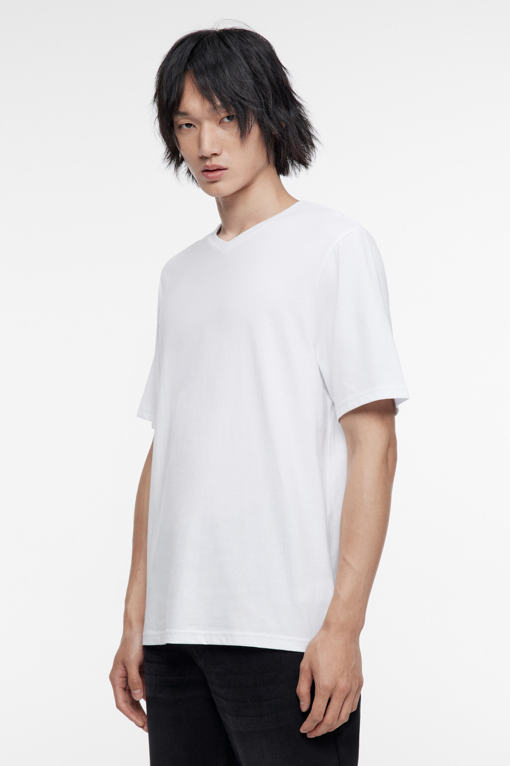 Футболка хлопковая базовая с V-образным вырезом - цвет белый - 3
