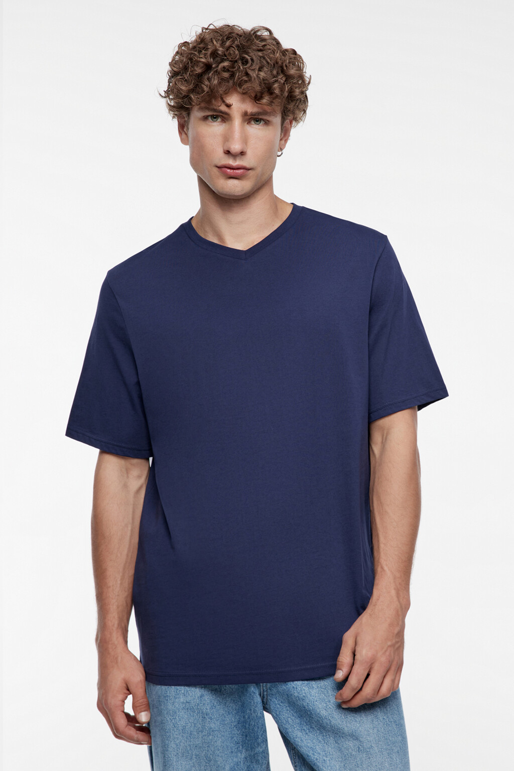 Футболка хлопковая базовая с V-образным вырезом - цвет синий - 1