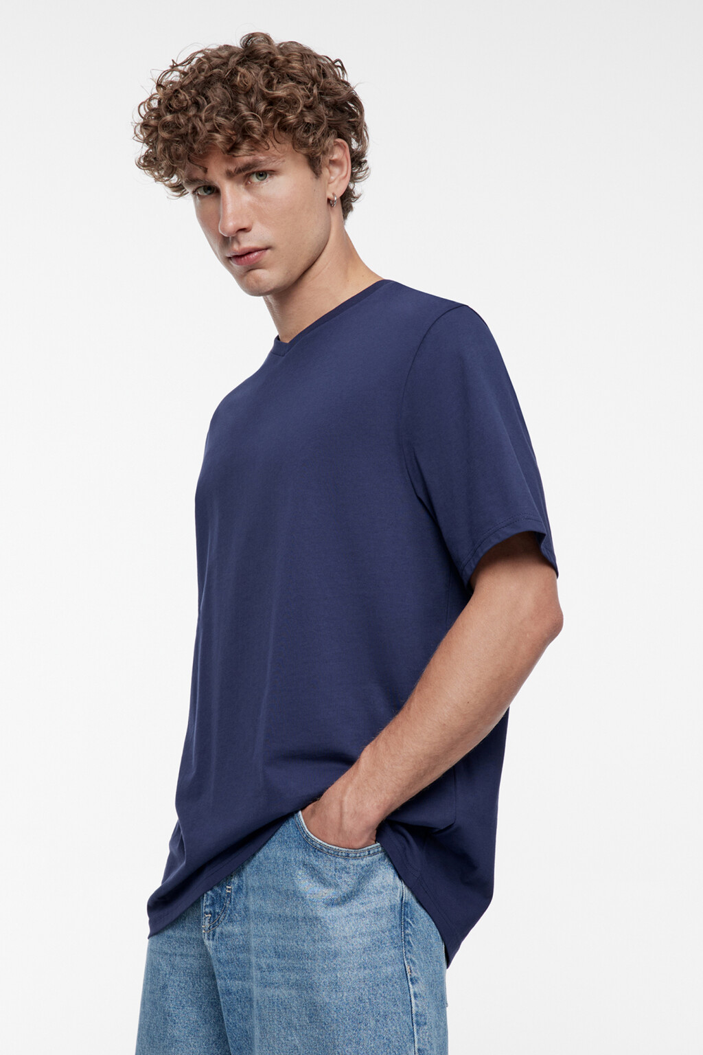 Футболка хлопковая базовая с V-образным вырезом - цвет синий - 2