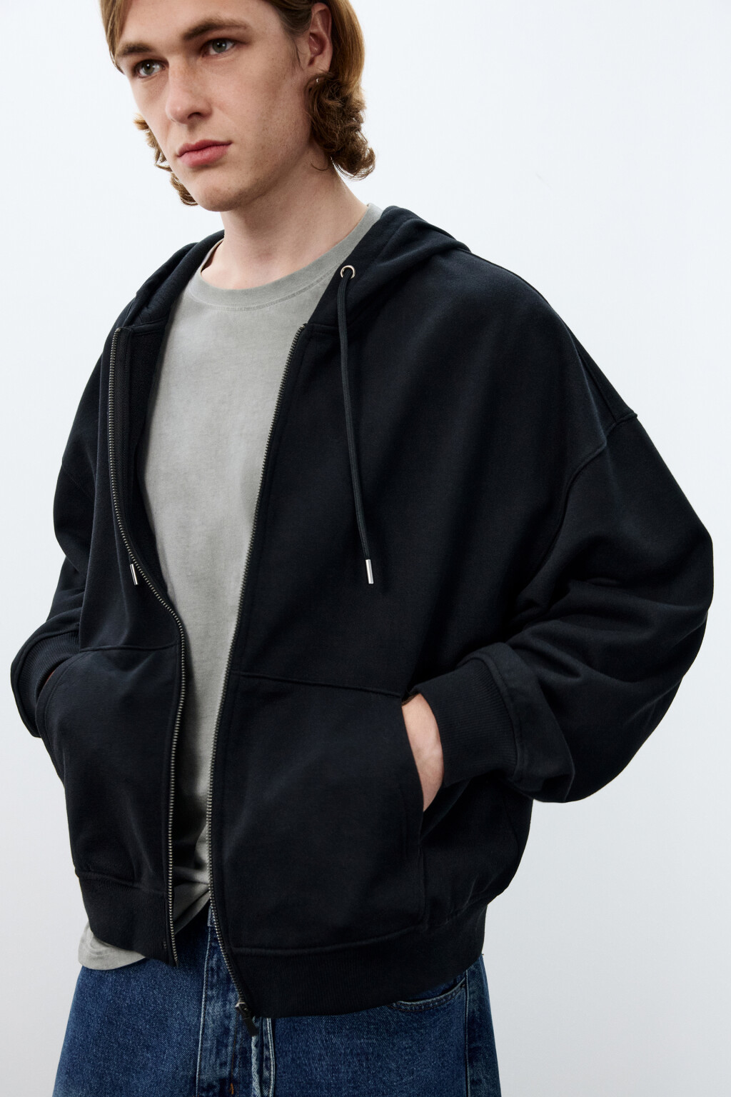 Худи-зипка из футера с капюшоном - цвет черный - 1
