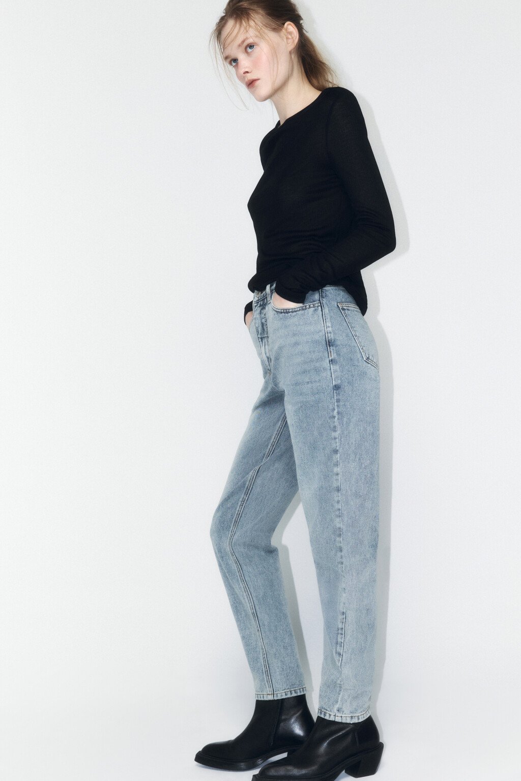 Джинсы mom fit с эффектом масляной стирки - цвет синий - 1