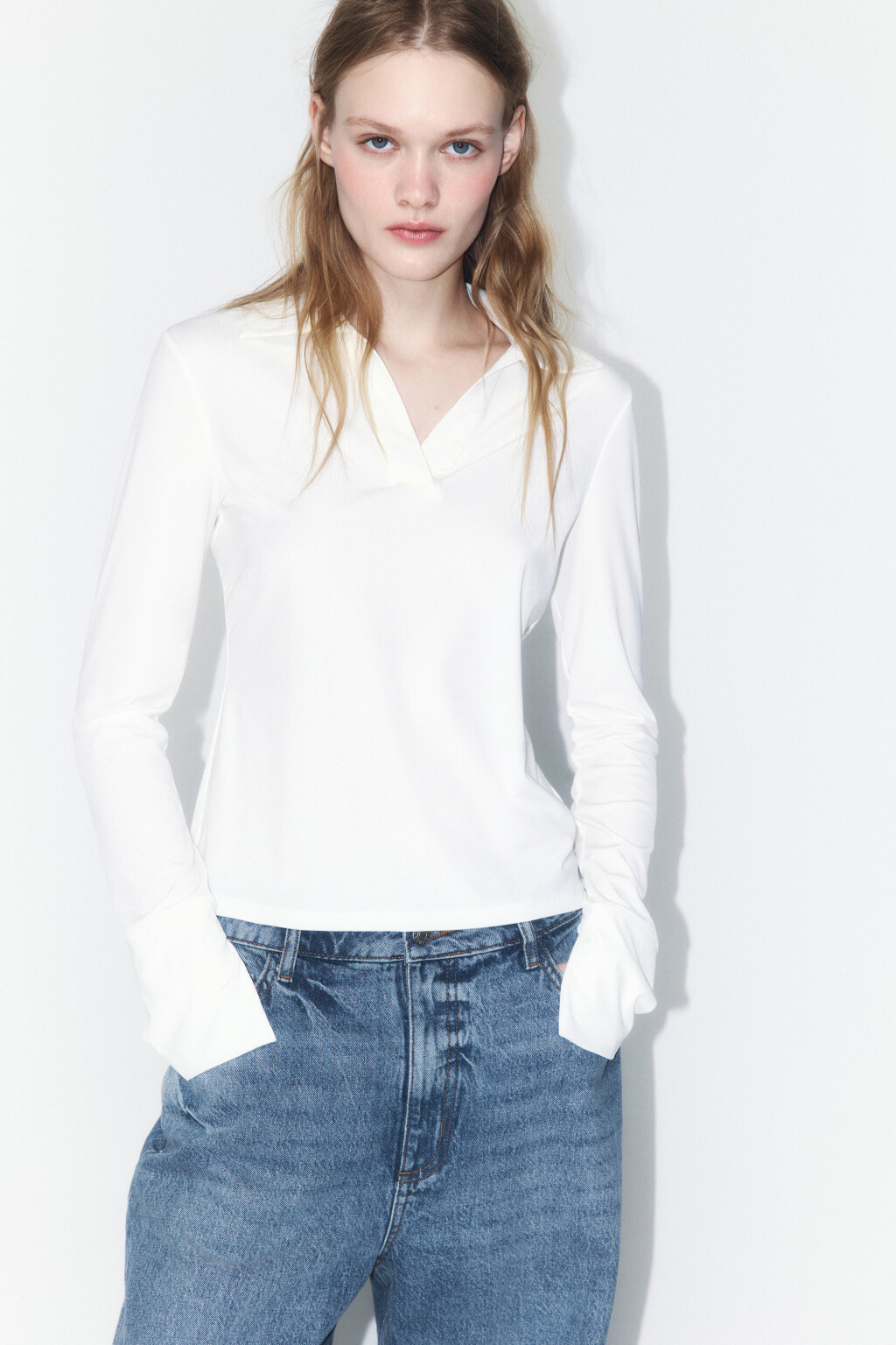 Лонгслив-поло облегающий с разрезами - цвет белый - 1