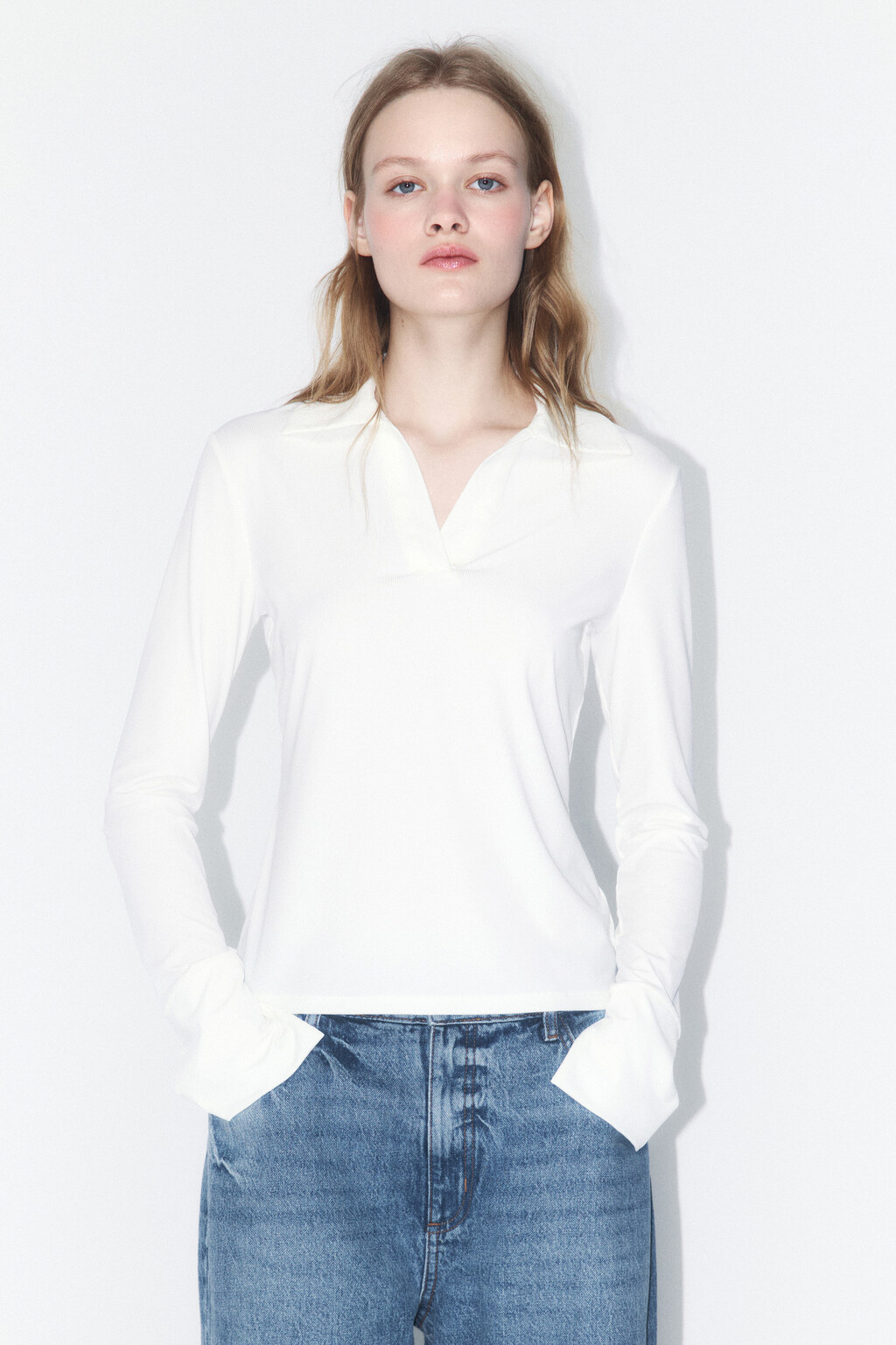 Лонгслив-поло облегающий с разрезами - цвет белый - 2