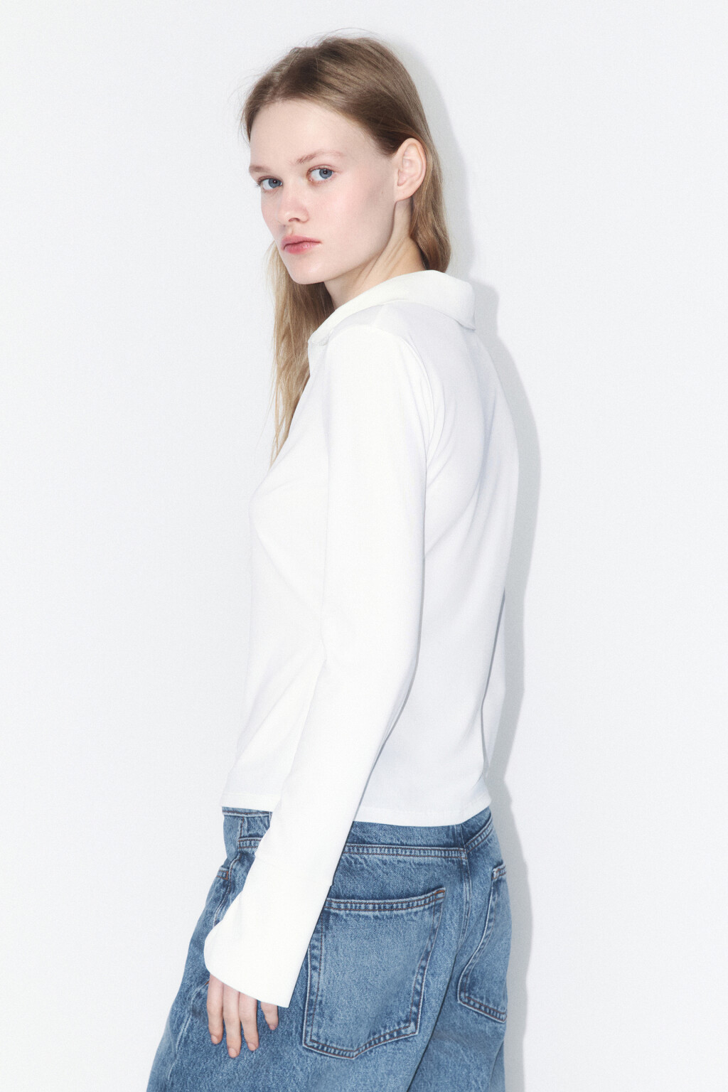 Лонгслив-поло облегающий с разрезами - цвет белый - 3