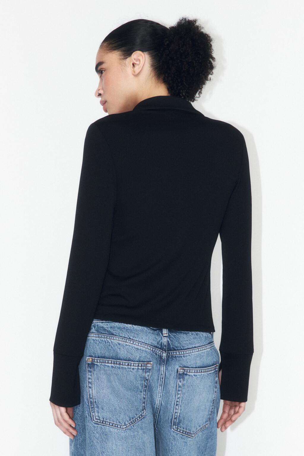 Лонгслив-поло облегающий с разрезами - цвет черный - 3