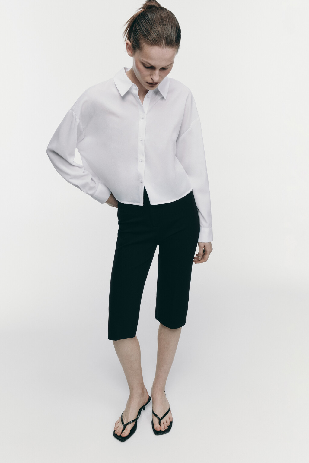 Блузка-рубашка свободная укороченная - цвет белый - 1