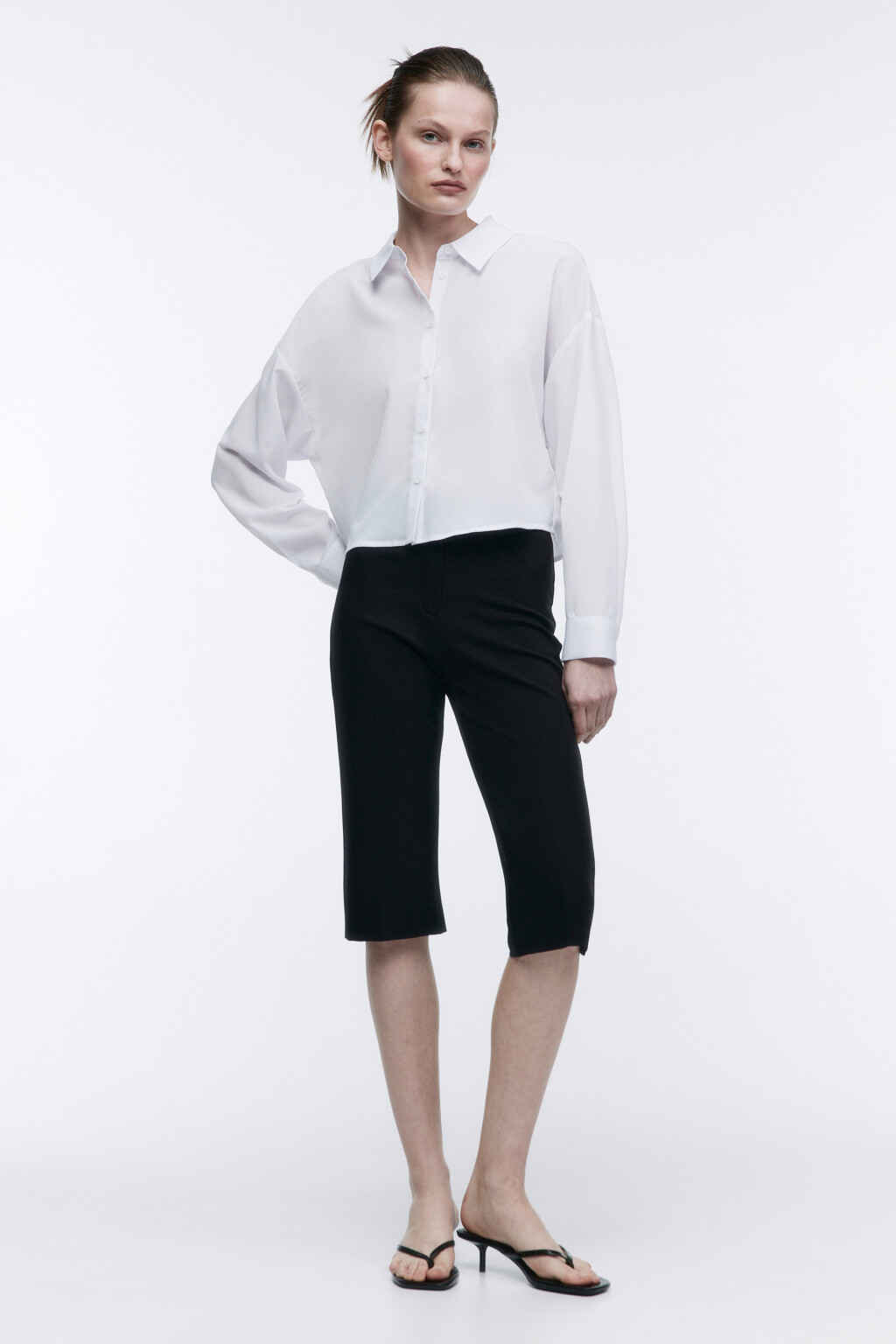 Блузка-рубашка свободная укороченная - цвет белый - 5