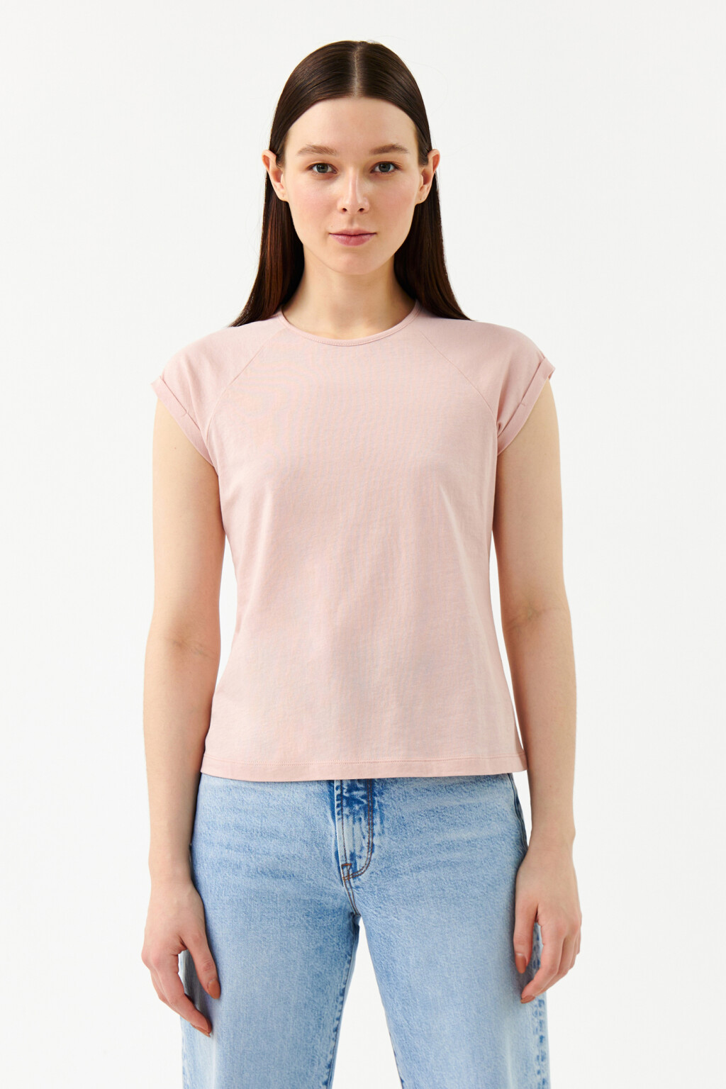 Футболка хлопковая с отворотами на рукавах - цвет розовый - 1