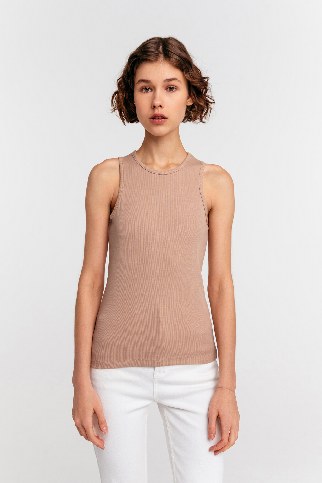 Майка хлопковая в мелкий рубчик - цвет коричневый - 1