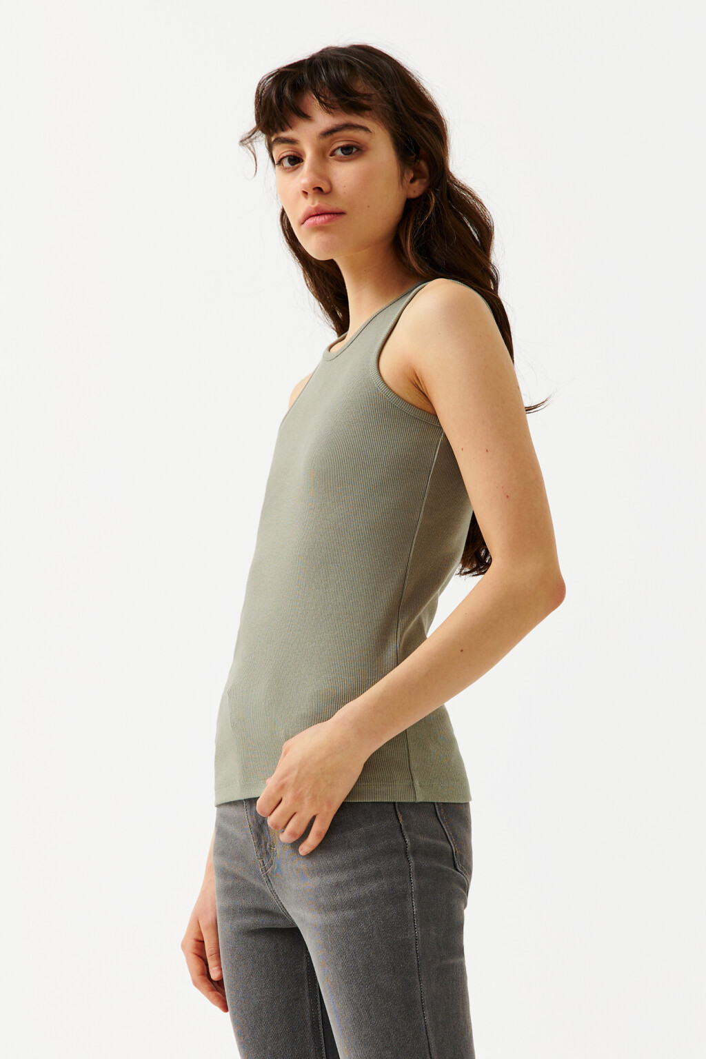 Майка хлопковая в мелкий рубчик - цвет зеленый - 3