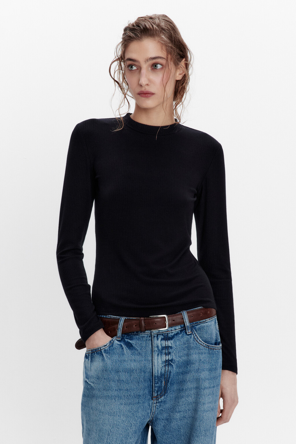 Водолазка в рубчик с коротким воротником - цвет черный - 2