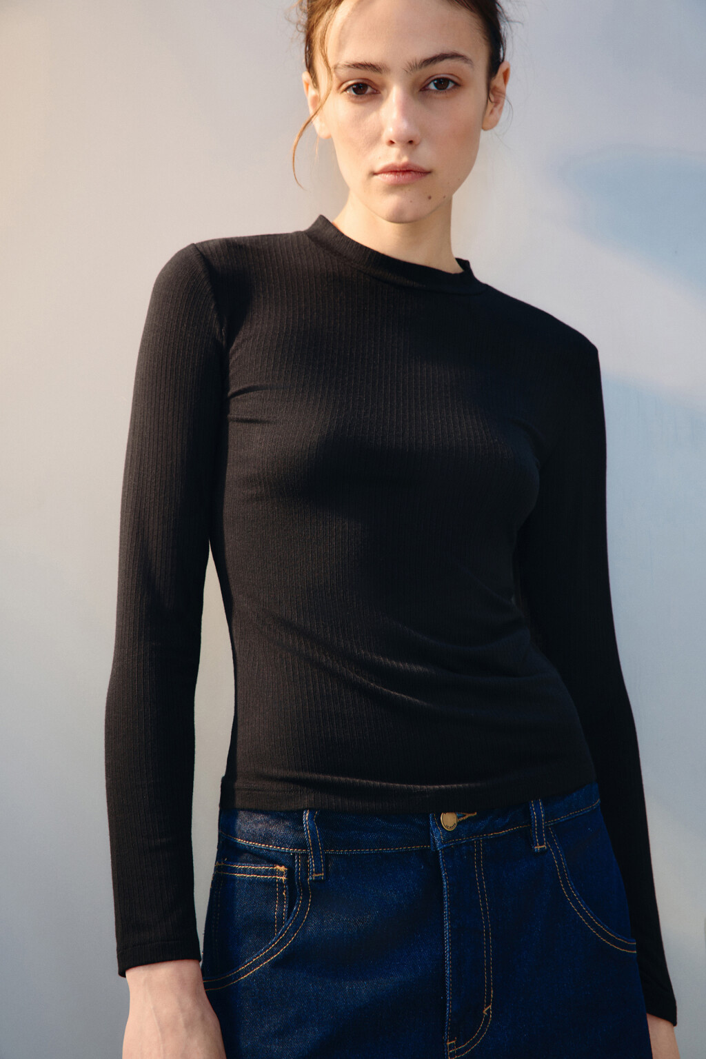 Лонгслив в рубчик с горлом - цвет черный - 1