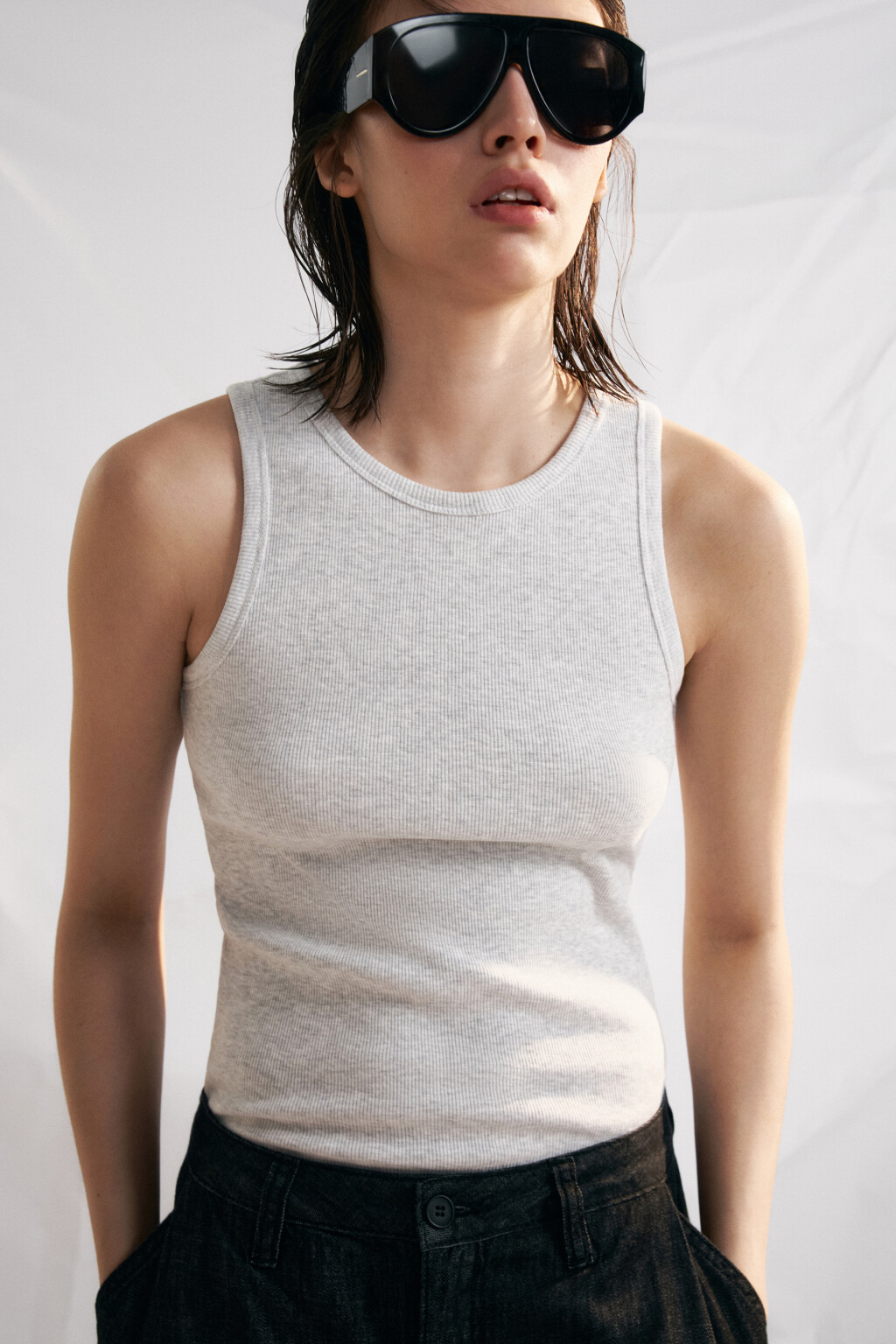 Майка базовая облегающая в рубчик - цвет серый - 1