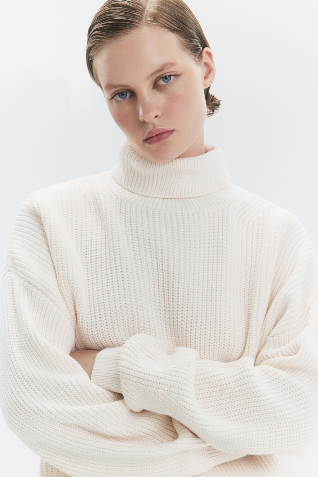 Свитер толстой вязки в рубчик с воротником - цвет молочный - 1