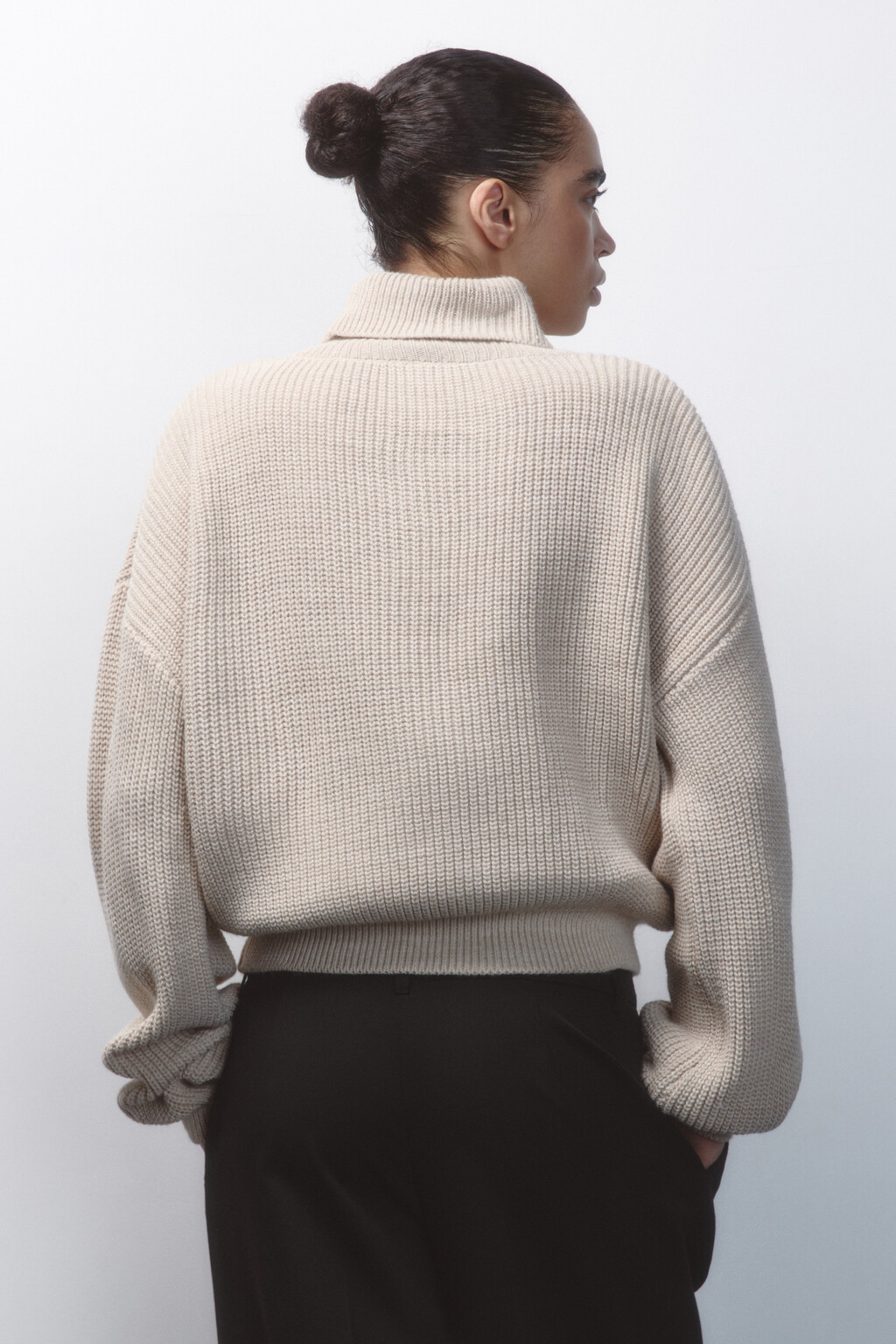 Свитер толстой вязки в рубчик с воротником - цвет бежевый - 5