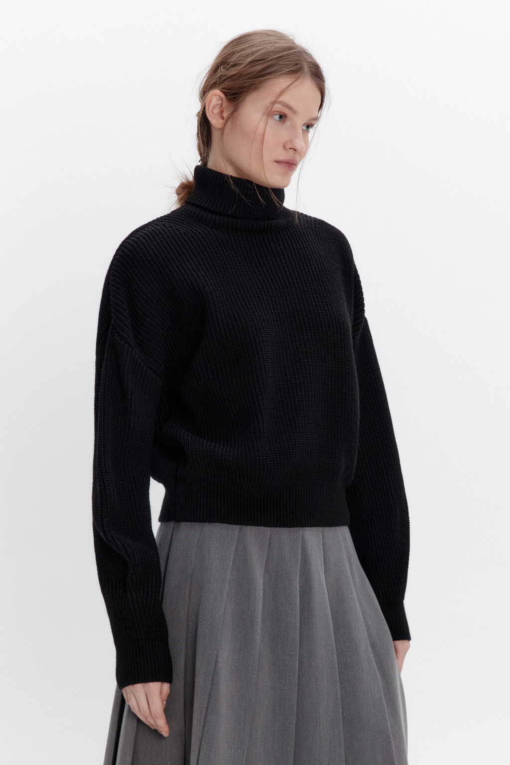 Свитер вязаный в рубчик с воротником - цвет черный - 3