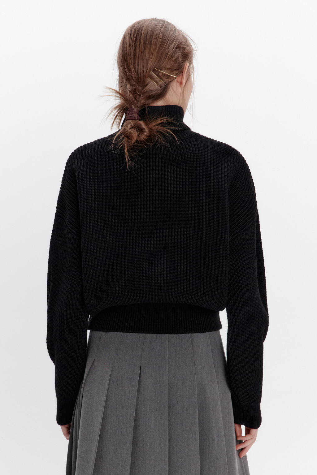 Свитер вязаный в рубчик с воротником - цвет черный - 4