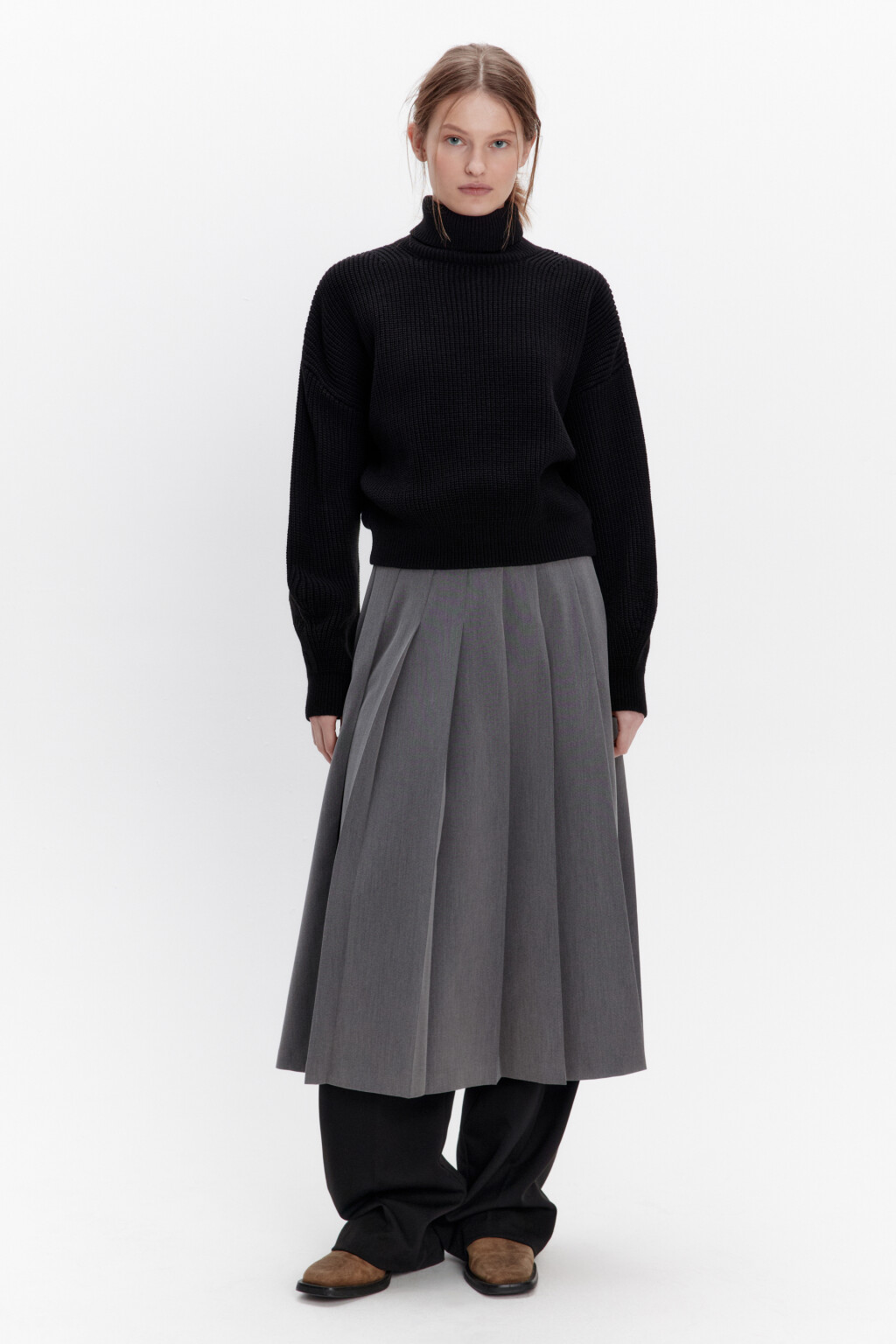 Свитер вязаный в рубчик с воротником - цвет черный - 5