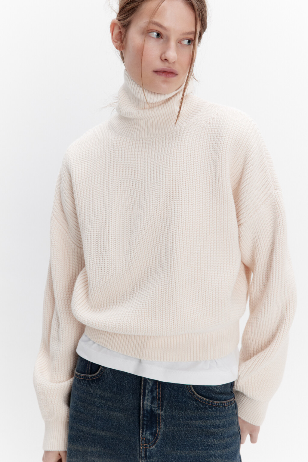 Свитер вязаный в рубчик с воротником - цвет молочный - 1
