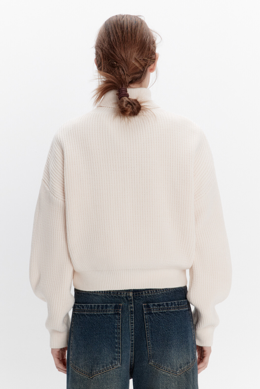 Свитер вязаный в рубчик с воротником - цвет молочный - 4