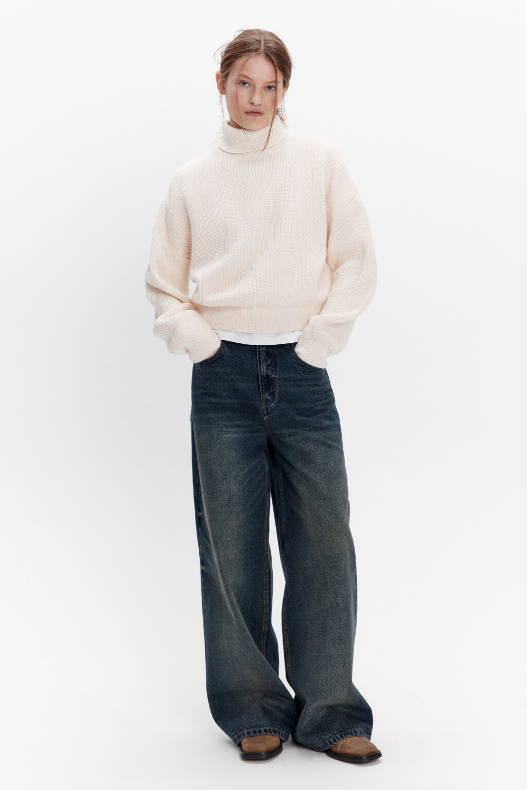 Свитер вязаный в рубчик с воротником - цвет молочный - 5