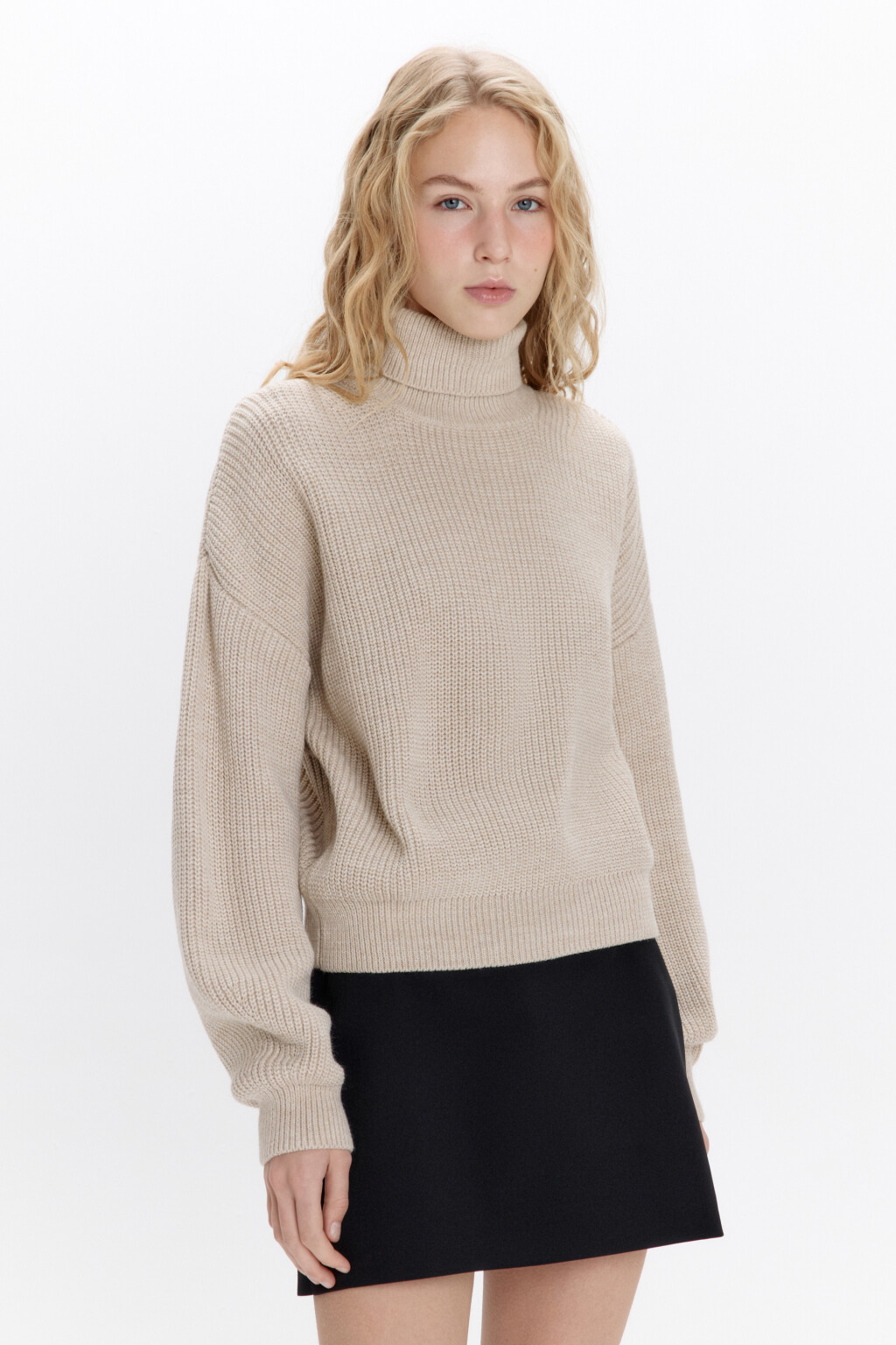 Свитер вязаный в рубчик с воротником - цвет бежевый - 2