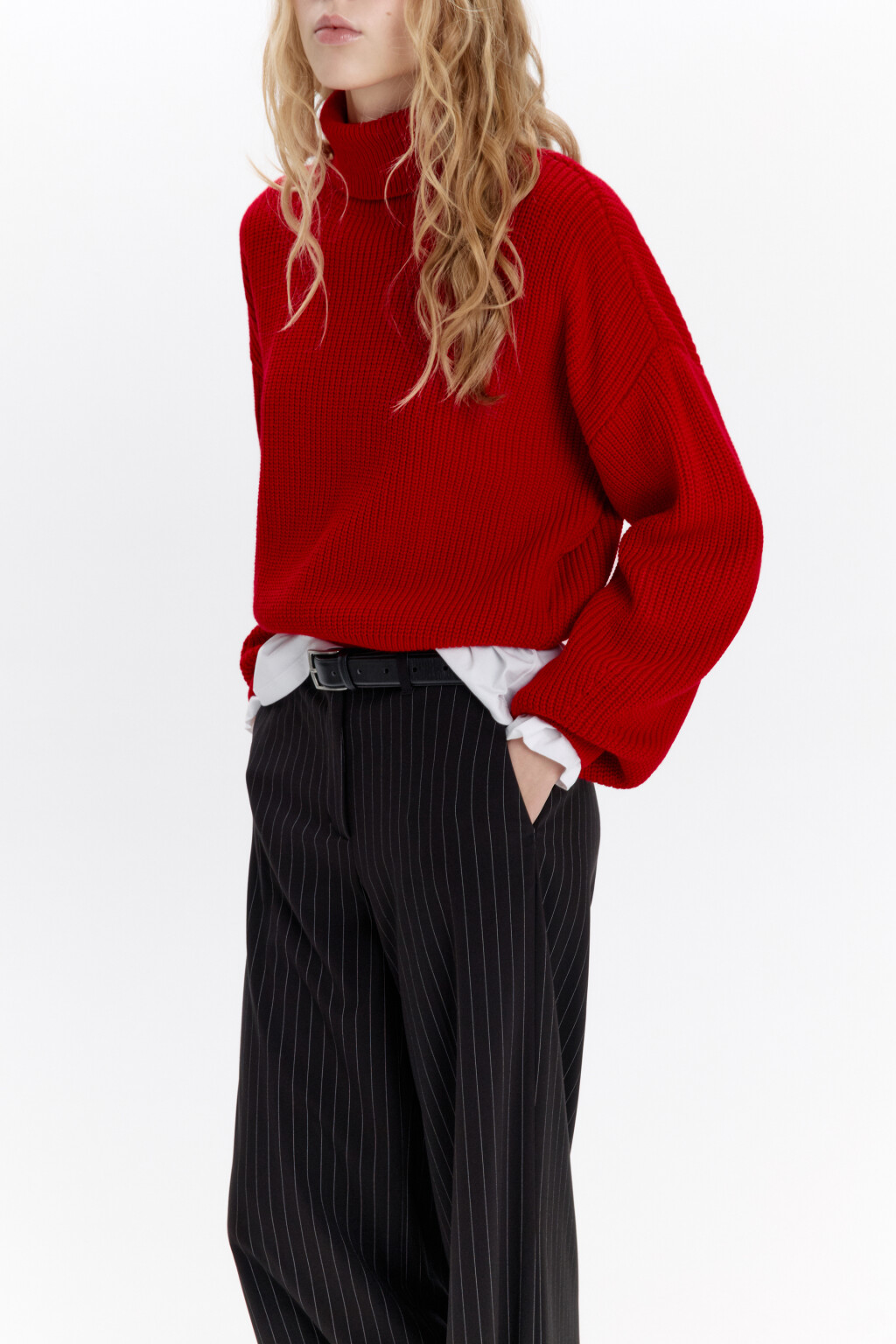 Свитер вязаный в рубчик с воротником - цвет красный - 1