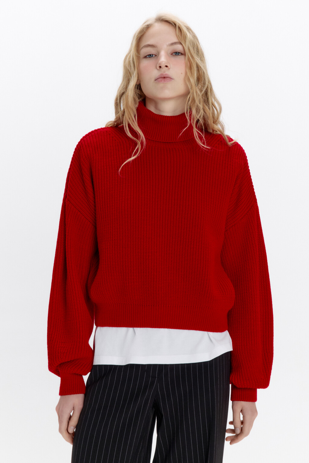 Свитер вязаный в рубчик с воротником - цвет красный - 2