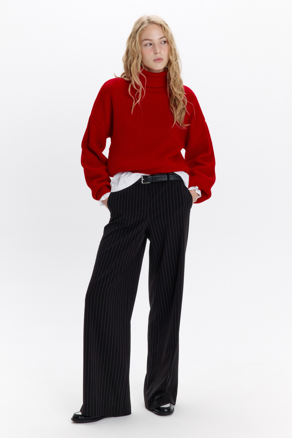 Свитер вязаный в рубчик с воротником - цвет красный - 4