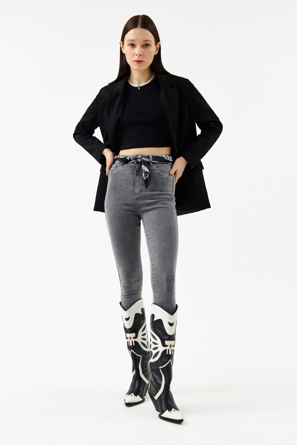 Джинсы skinny с высокой посадкой - цвет серый - 4