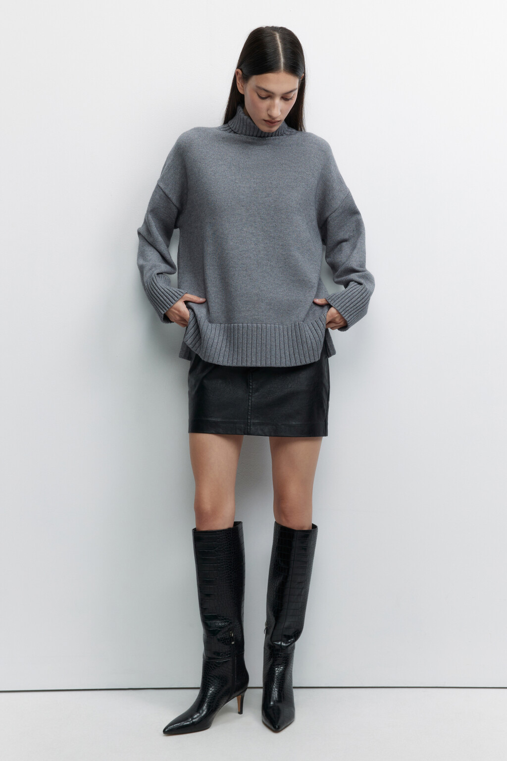 Свитер SWEATER свободный с боковыми разрезами - цвет серый - 2