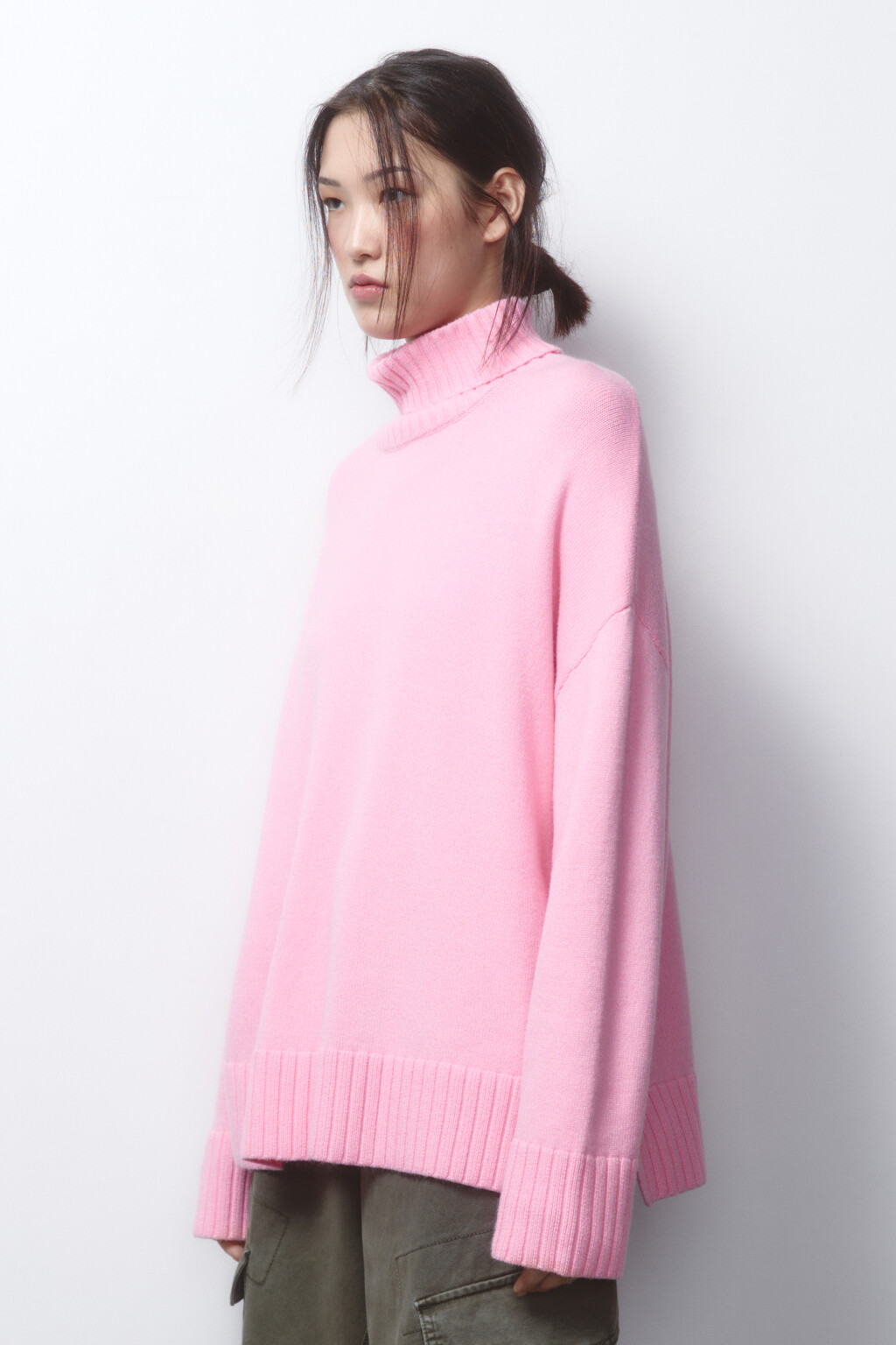 Свитер вязаный свободный с воротником - цвет розовый - 3