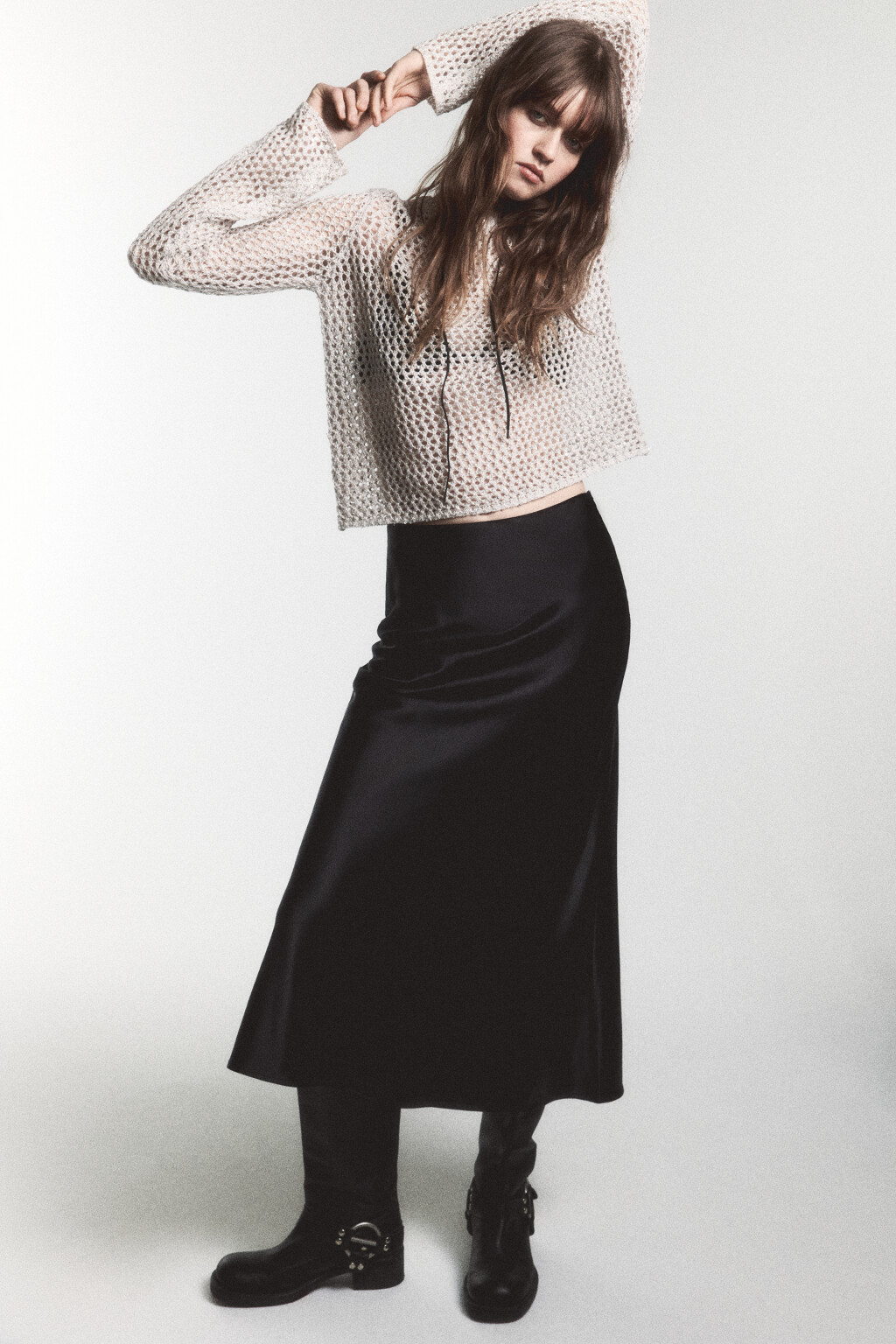 Юбка-годе макси атласная - цвет черный - 2