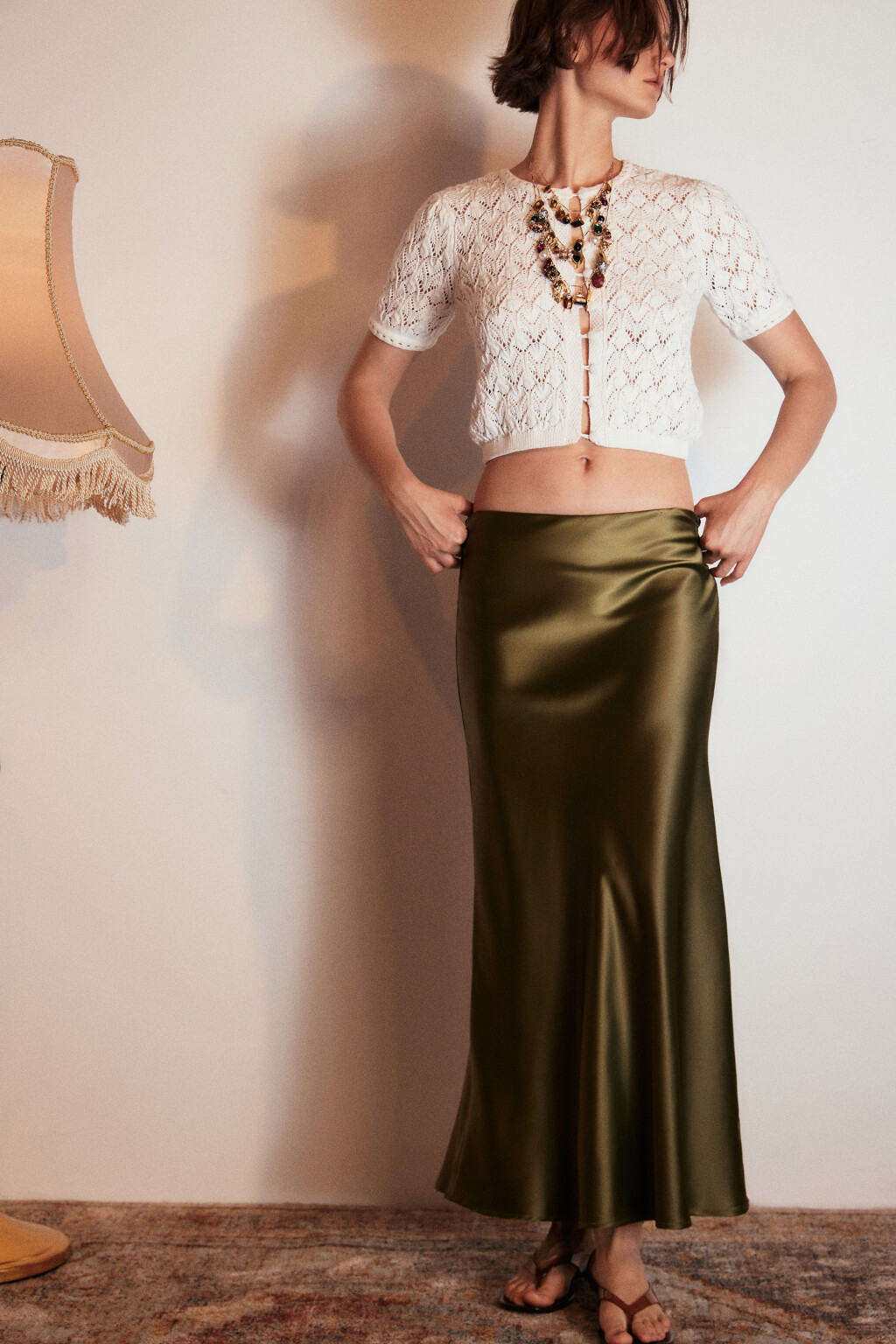 Юбка-годе макси атласная - цвет зеленый - 1