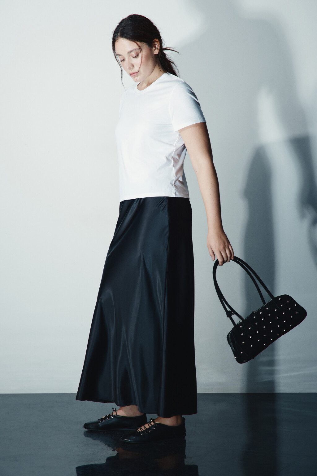 Юбка-годе макси атласная - цвет черный - 1