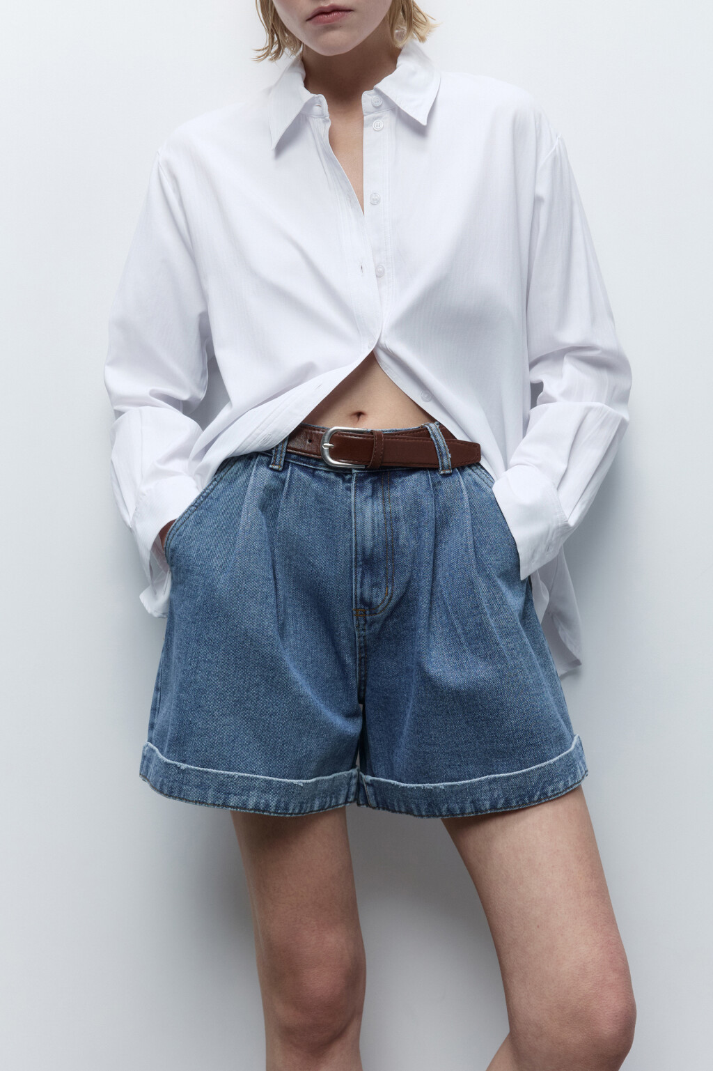 Шорты джинсовые с высокой посадкой и ремнем - цвет голубой - 1