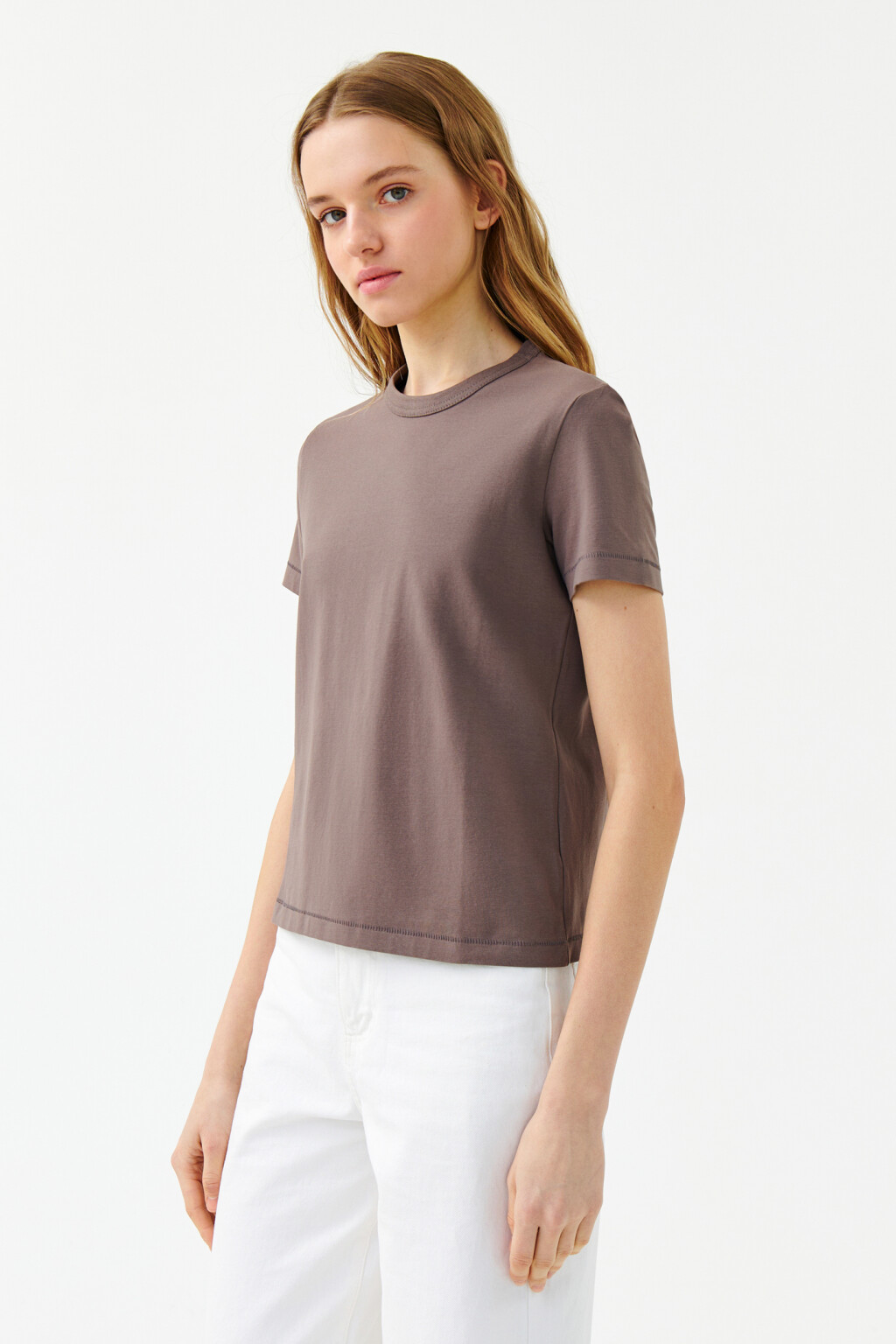 Футболка хлопковая базовая прямая - цвет коричневый - 3