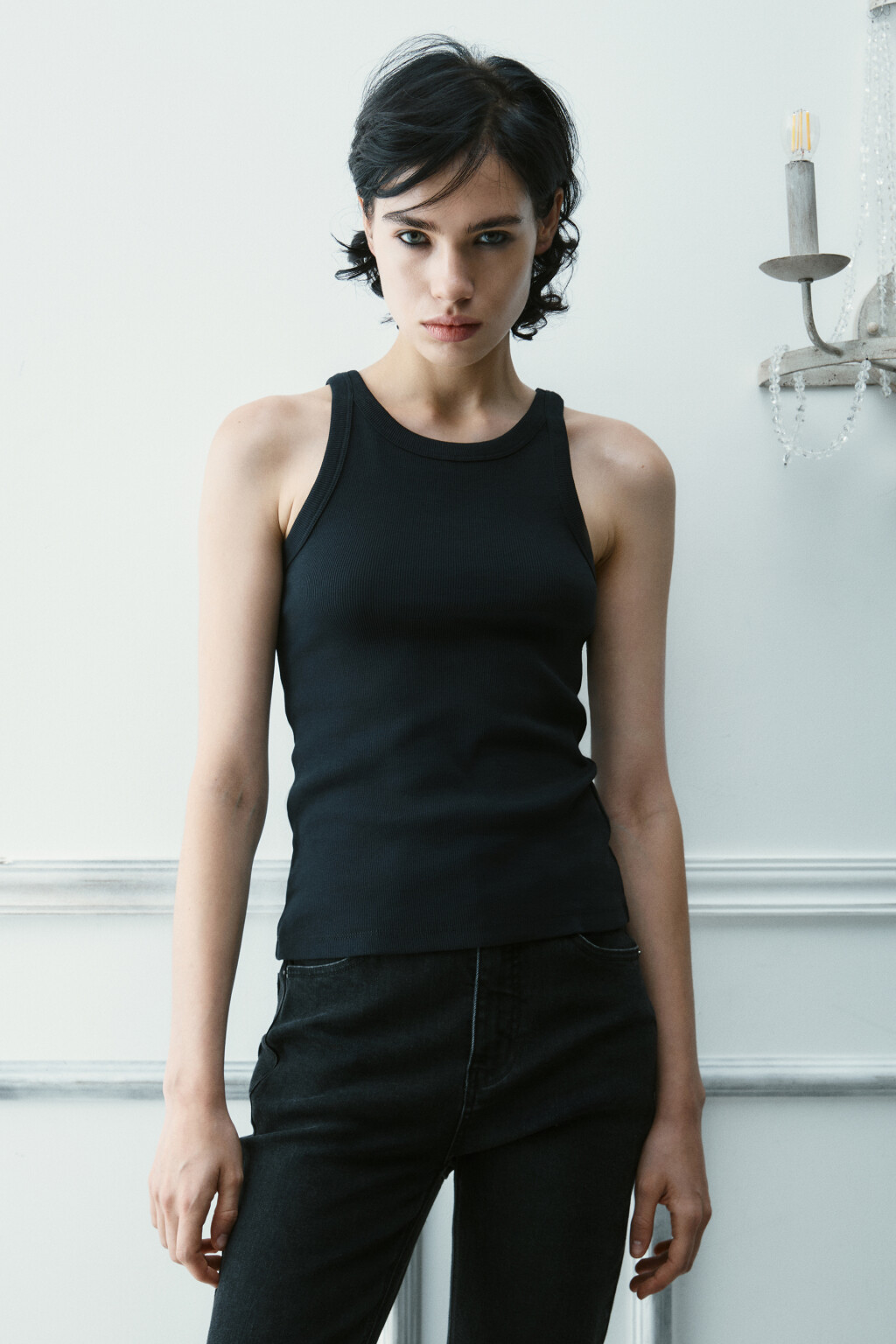 Майка базовая облегающая в рубчик - цвет черный - 2