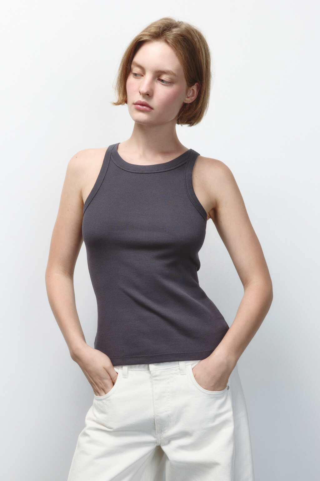 Майка TANKTOP облегающая в рубчик - цвет серый - 2