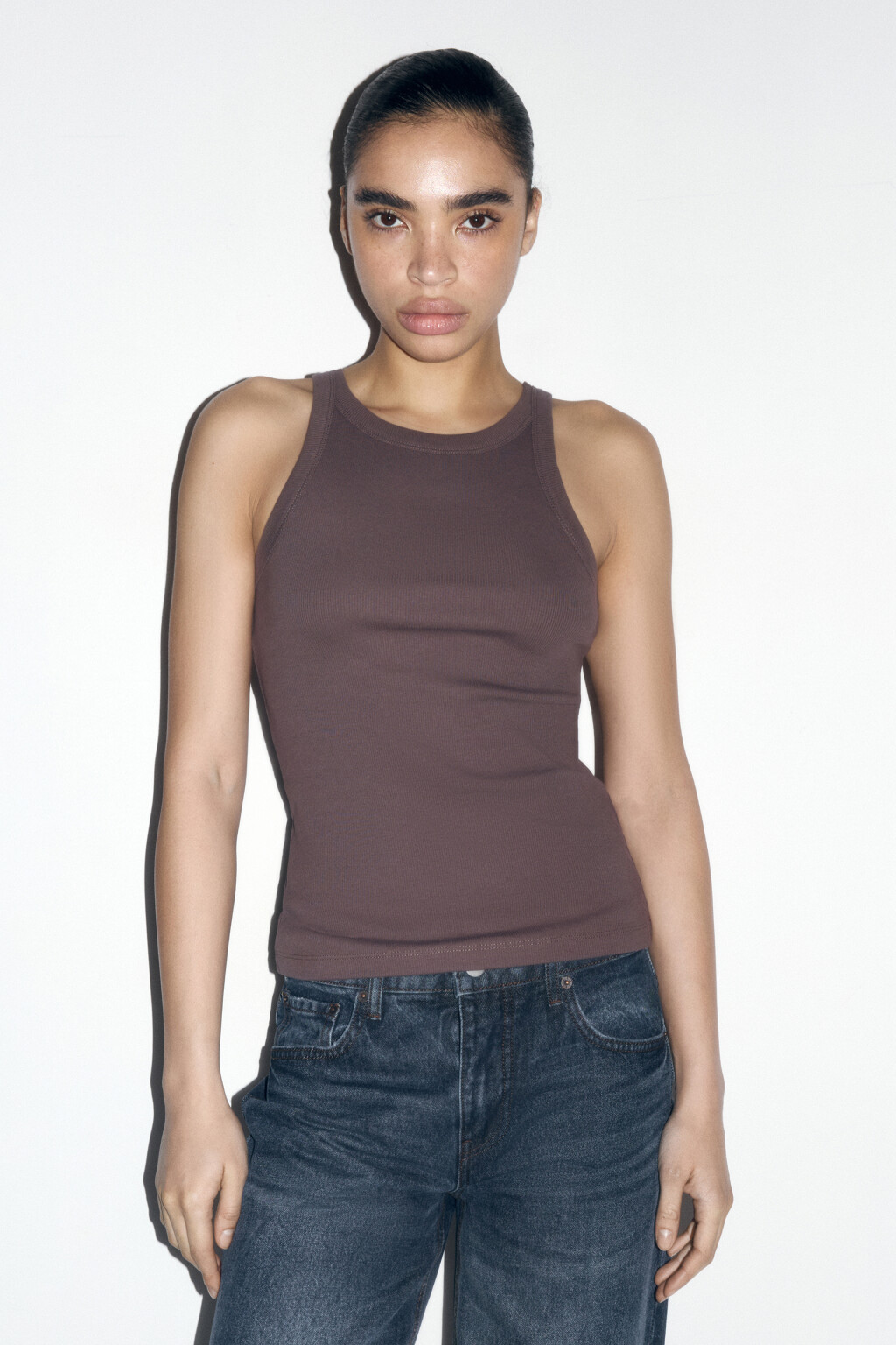 Майка TANKTOP облегающая в рубчик - цвет коричневый - 2