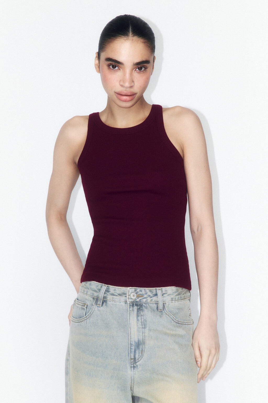 Майка облегающая в рубчик - цвет бордовый - 2