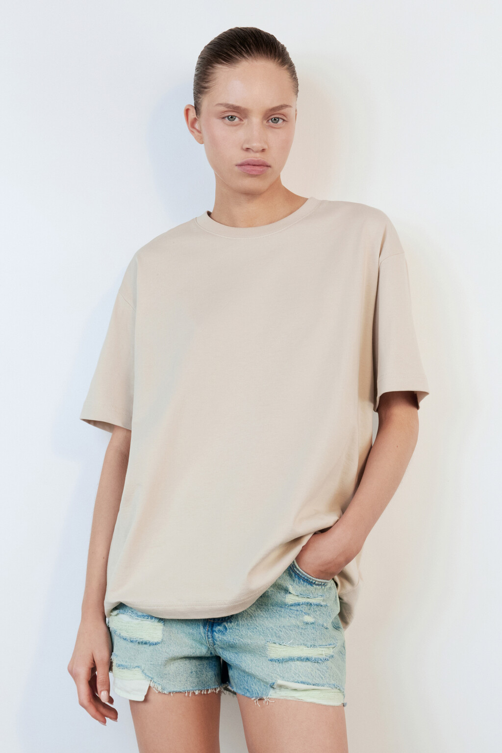 Футболка TBIG оверсайз хлопковая базовая - цвет бежевый - 1