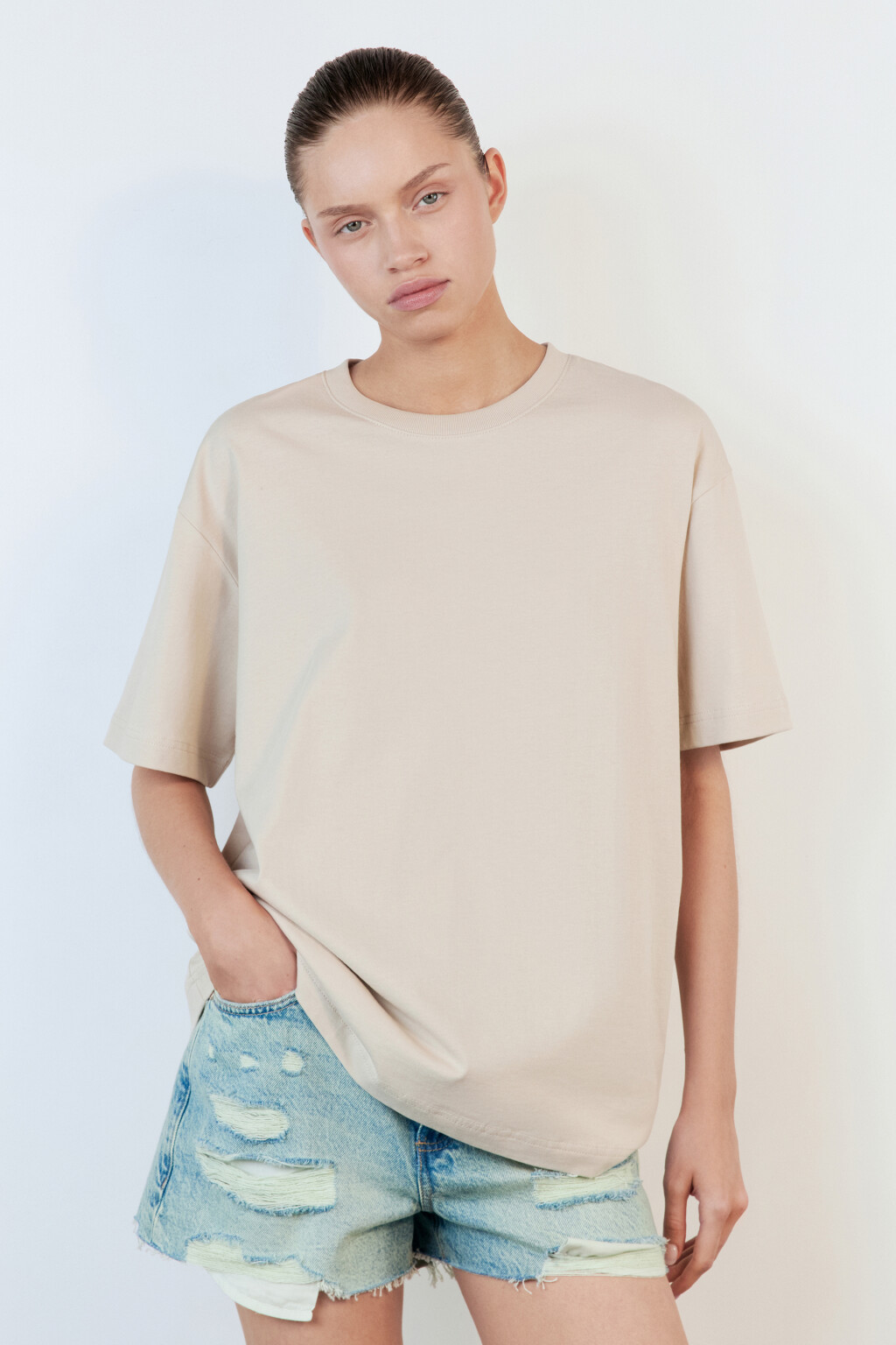 Футболка TBIG оверсайз хлопковая базовая - цвет бежевый - 3