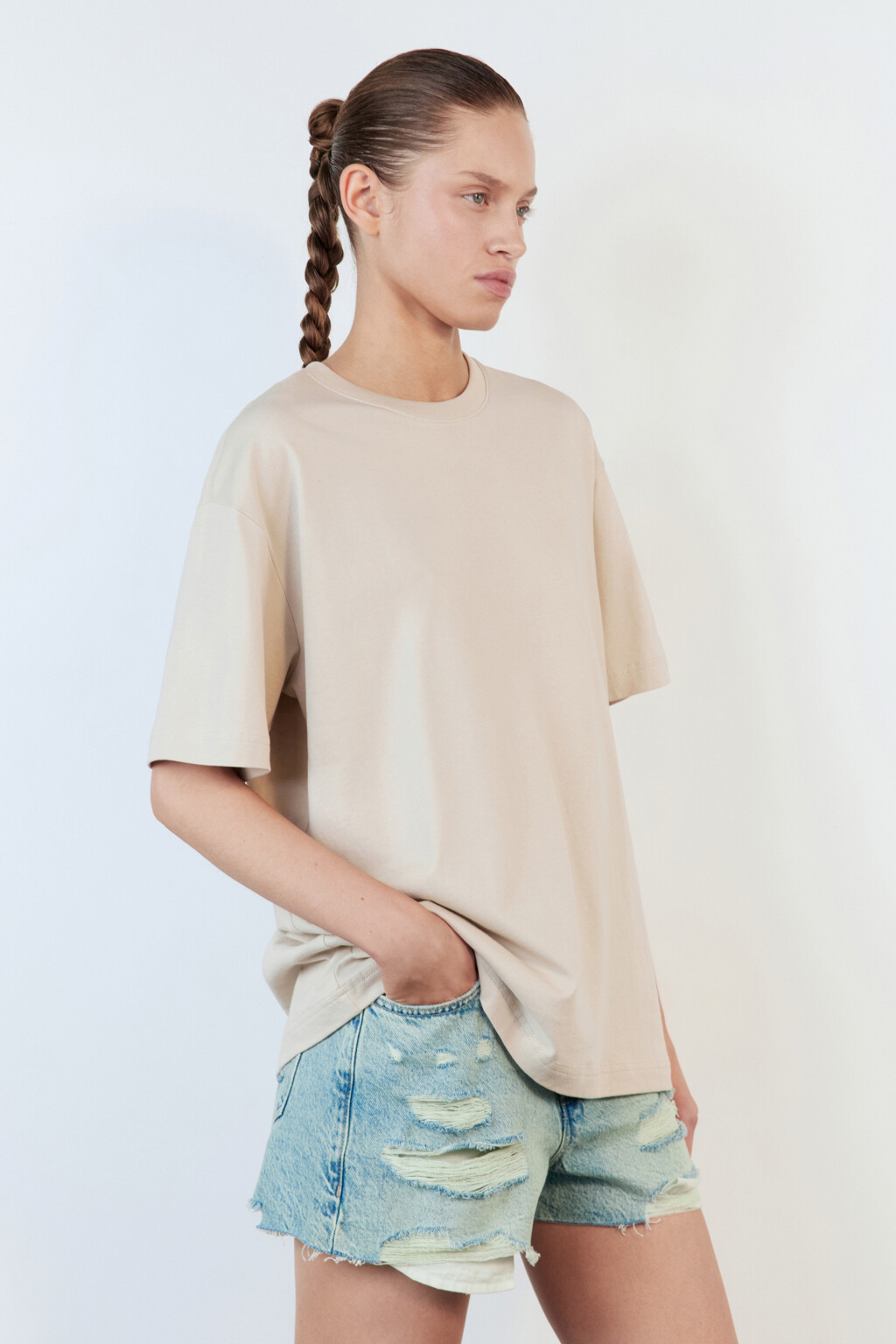 Футболка TBIG оверсайз хлопковая базовая - цвет бежевый - 4