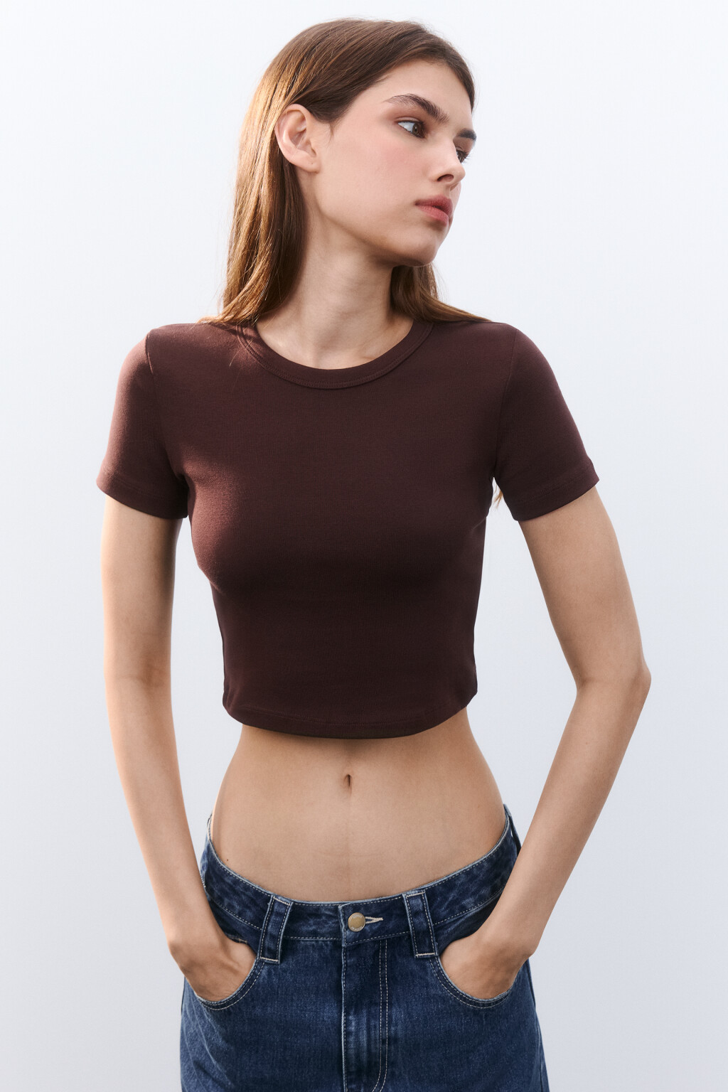 Футболка-топ базовая укороченная - цвет коричневый - 1